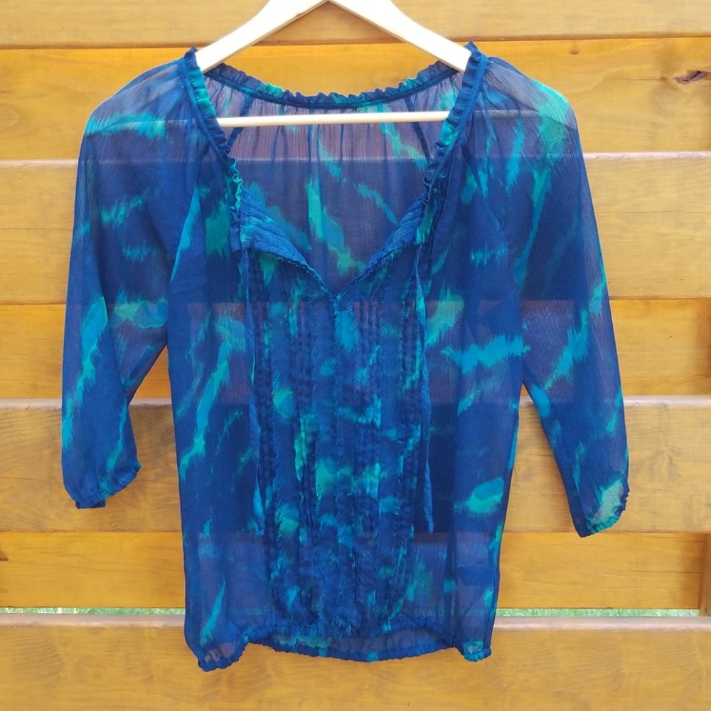 Sheer Blue Green Blouse w/ Tie Neckline